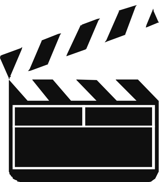 The image shows a black film clapperboard with white text on it against an unseen background.