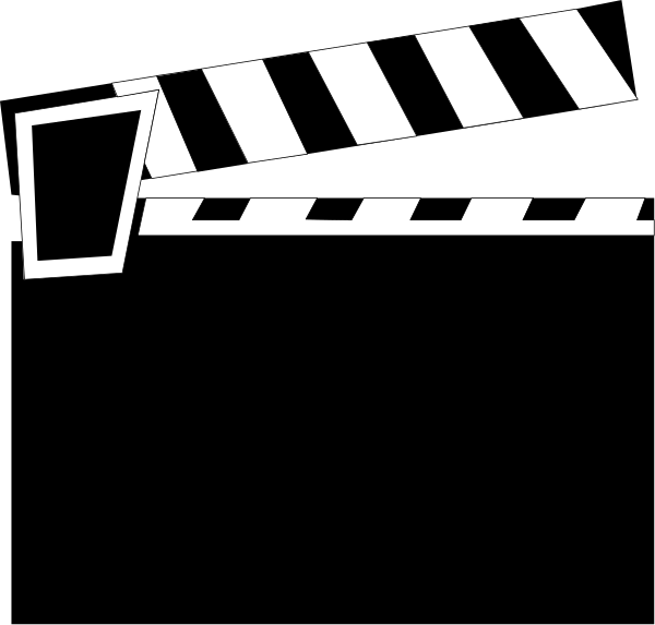 The black silhouette of a clapperboard with film reels on either side against a white background.