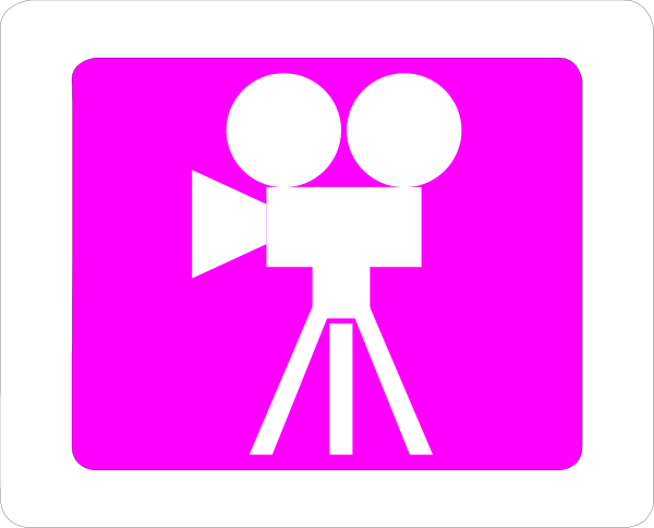 The image shows a pink icon with white text that reads "CAMERA" on top of it next to an illustration of two clapperboards in front of what appears to be film reels.