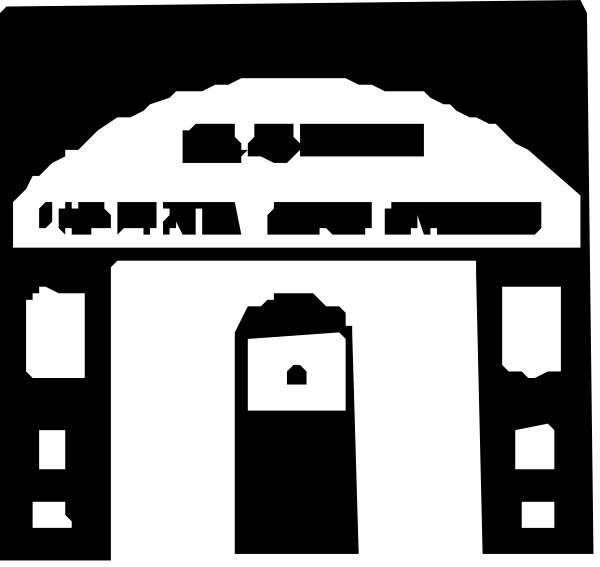 The black and white logo of a train station with two trains on either side facing each other at an angle.