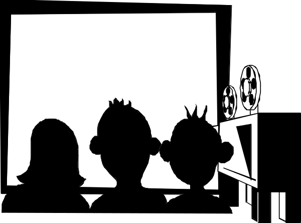The black and white silhouette of three cartoon characters standing next to a projector screen with film reels on it in what appears to be an indoor movie theater environment.