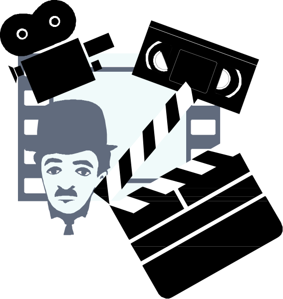 The image features a black silhouette of an adult male with facial hair wearing glasses against a white background; to his right is a clipboard icon containing film clapperboards in various orientations, suggesting editing and movie production themes; above him floats a small blue speech bubble that contains the word "Cinema," indicating this image's theme or subject matter.