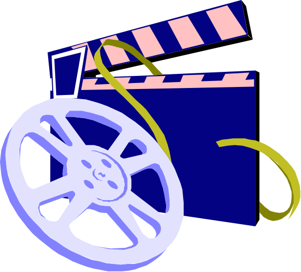 The image shows a cartoon of an open film clapperboard with wheels attached to it on what appears to be a track for motion picture projection equipment.