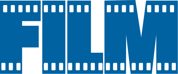 The text "FILM" with a blue background on which it's written is shown against an off-white backdrop in this small clip-art image.