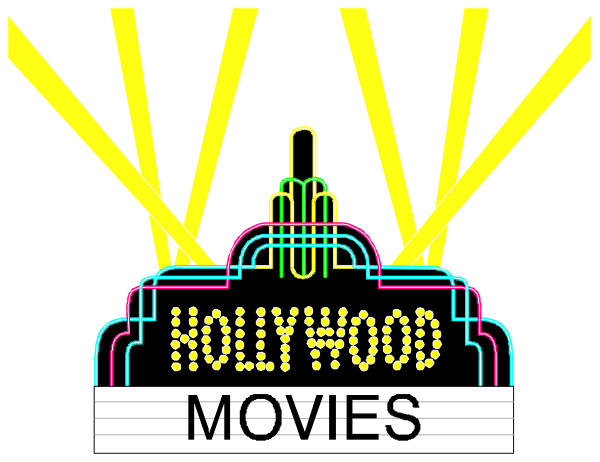 The image shows a neon sign with text that reads "Hollywood Movies" against an illuminated background featuring yellow lights resembling stars on black fabric.
