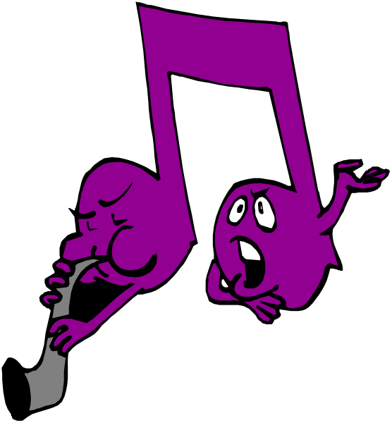 The illustration shows two cartoon characters playing musical instruments: a purple character is blowing into an instrument that resembles a flute with its mouthpiece in front of it; next to this figure stands another, smaller creature holding what appears to be a saxophone or clarinet and looking upwards. Both are set against a black background.