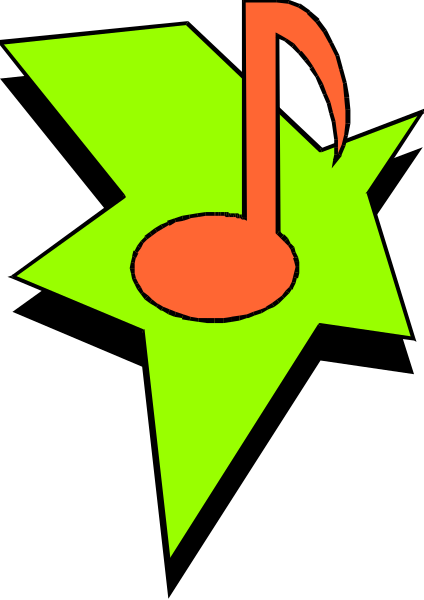 The image shows a stylized graphic of an abstract star with musical notes inside it against a black background on the left side; there is no text present in this clip-art image.
