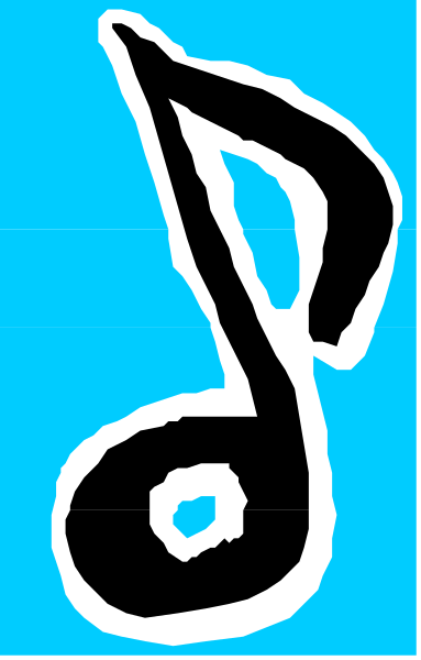 The image shows a black and white pixelated graphic of an earphone with music notes around it on what appears to be a blue background.