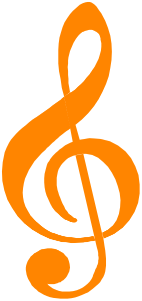 The image shows a logo with an orange musical note symbolizing music within a black square background on what appears to be a gray surface.
