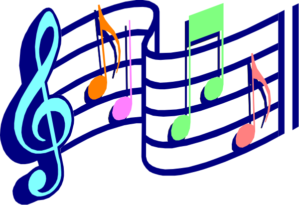 The image shows a colorful musical notes symbol with various colored dots representing different pitches of music on staff lines against a blue background.