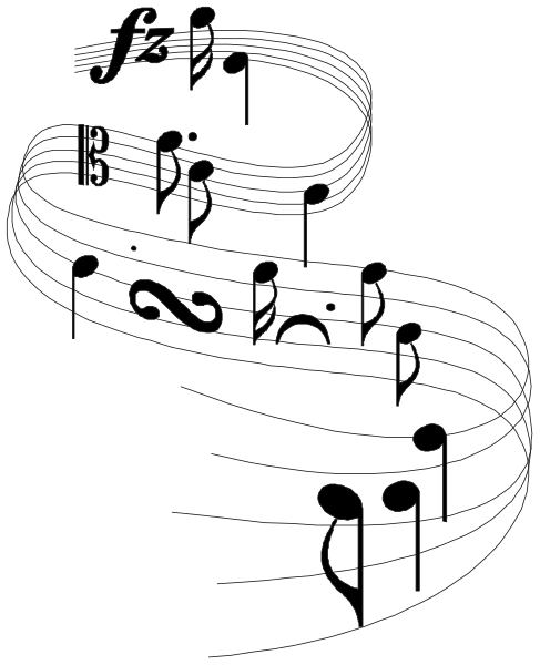 The black and white illustration shows a musical score with notes on staff lines representing different instruments like guitar chords, piano keys, violin strings, flute fingerings, trumpet taps, drum beats, bass clefs, treble clef symbols for melody line, time signatures indicating tempo changes.