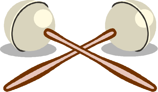 The image shows three bowling pins with two balls on top of them placed between a pair of drumsticks that appear to be in motion as if striking the pins from either side.