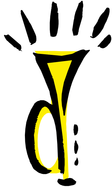 The image shows a black and white photo of an object with yellow details that resembles a trumpet against a gray background.