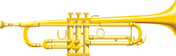 The image shows a gold trumpet with three valves against an indistinct background.