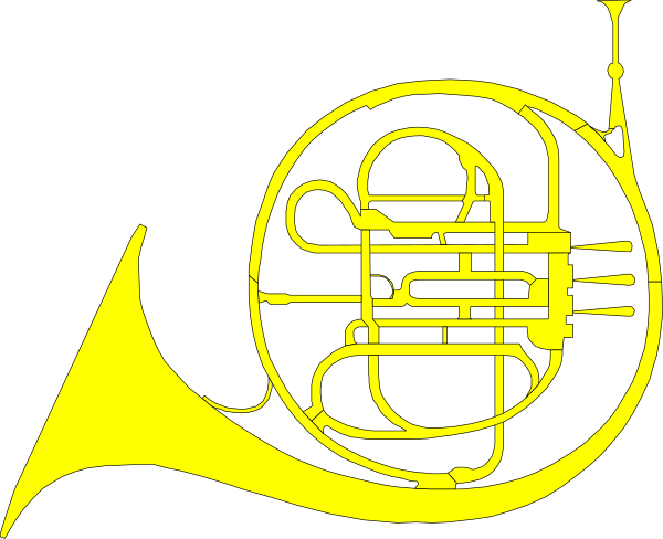 The image shows a black and white silhouette of an instrument that resembles a tuba with music notes around it against a dark background.
