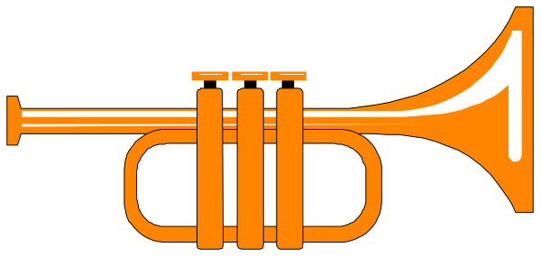 The image shows a graphic of an orange trombone with two valves on top against a white background.
