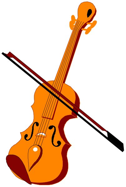 The image shows a violin with its bow resting on it against an orange background.