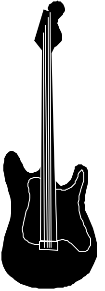 The black and white photo shows a bass guitar with its neck facing upwards against a dark background.