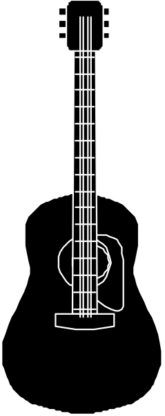 The image shows a black and white illustration of an acoustic guitar with its neck facing upwards against a dark background.