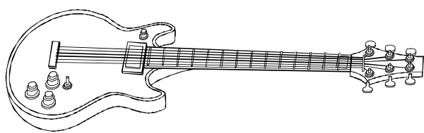 The black and white photo shows a guitar with an amplifier next to it on what appears to be a stage set up for performance.