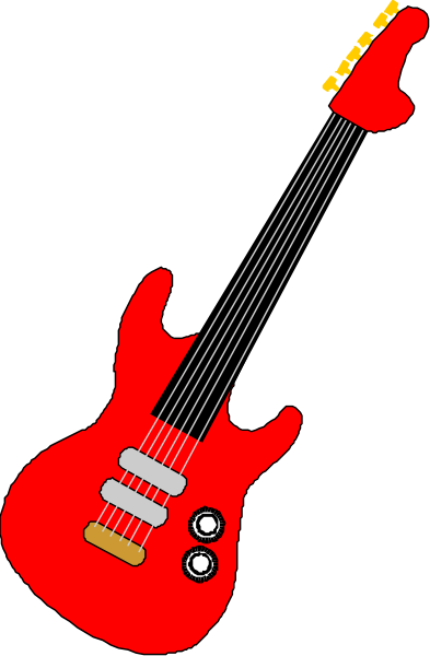 The image shows a red electric guitar with black strings against a dark background.