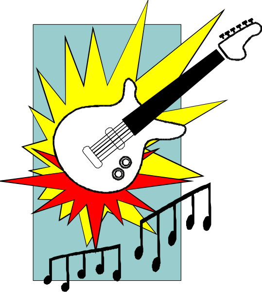The image features a stylized illustration of an electric guitar with musical notes around it on what appears to be sheet music paper against a blue background.