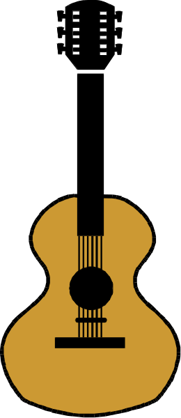 The image shows a stylized guitar with musical notes above it against a dark background.