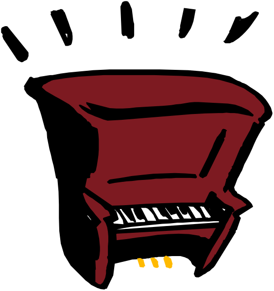 The image shows a red piano with its lid open against an indistinct background.