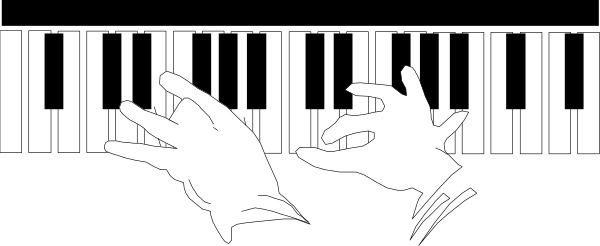 The black and white photo shows a piano keyboard with hands playing it against a gray background.