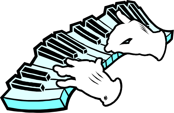 The image shows a cartoon of an animated character playing a keyboard with their hands while standing on top of it.