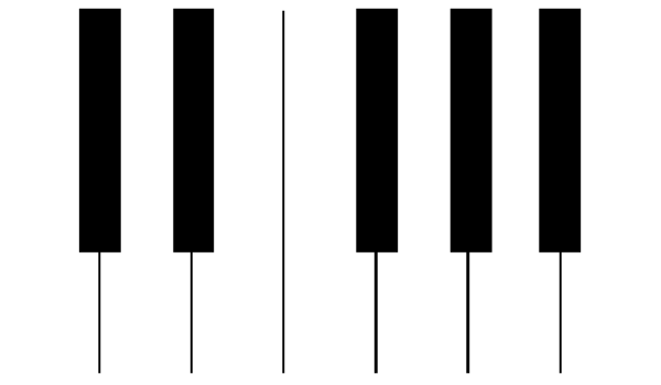 The image shows a black and white keyboard with musical notes on it against a gray background.