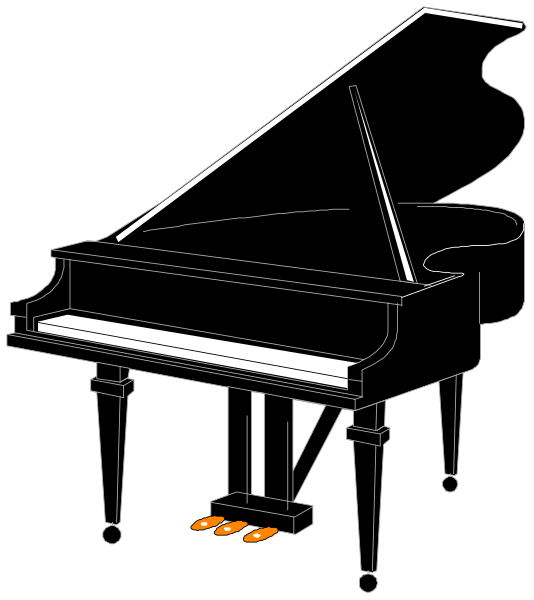 The black and white illustration shows a grand piano with its lid open to reveal strings inside.