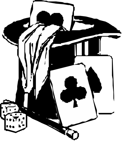 The black and white illustration shows a playing card with hearts on it lying next to an open book that has pages falling out onto another deck of cards below them; there's also a small pile of dice in front, suggesting gambling activities taking place around this scene.