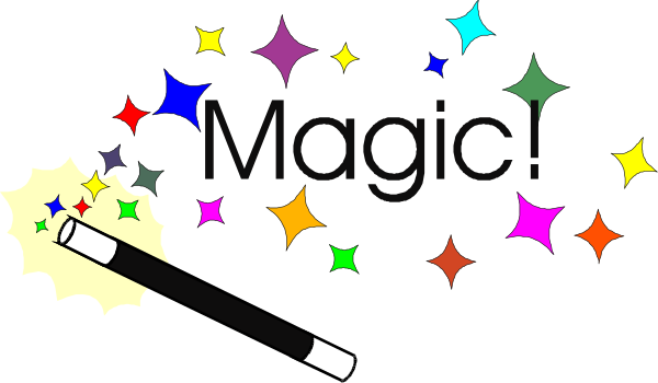 The image shows a colorful magic wand with sparkles around it against a dark background; there is also text that reads "Magic" in white font at the top of the wands handle.