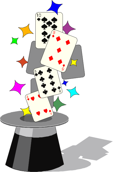 The image shows a cartoon of an animated character performing magic tricks with playing cards that have been transformed into dice due to some magical trick being performed by another figure in front of them; there is also a top hat and cane, suggesting this might be part of a performance or act.