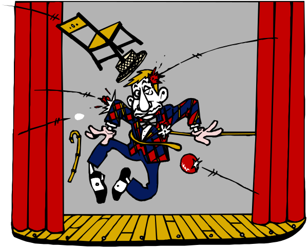 The cartoon depicts a man on stage performing magic tricks with props like a cane, top hat, balloons, and curtains in front of him.