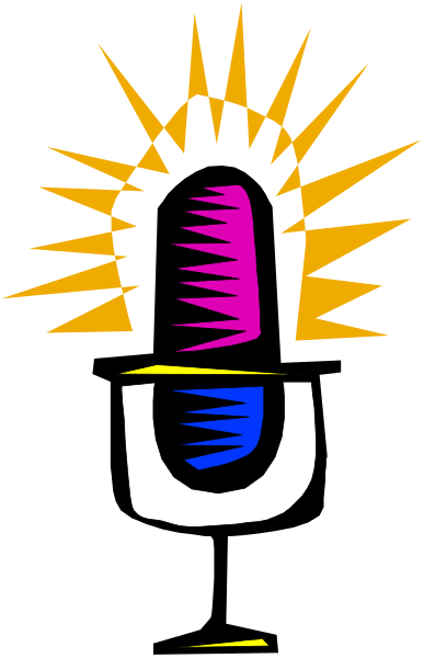 The image shows a stylized graphic of an open microphone with rays emanating from it against a dark background; there is no text present in this clip-art illustration.