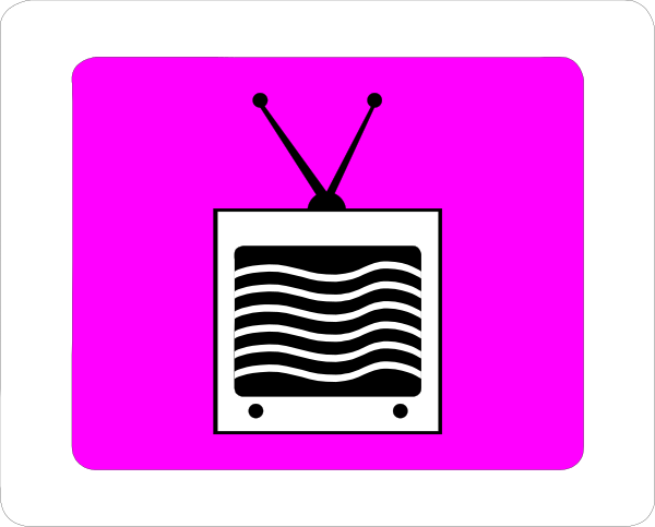 The image shows a pink sign with an icon of a television on it against a white background to its left side; there is also another smaller square graphic in purple that appears to be related but does not have any discernible details, and below these graphics is a gray rectangle containing text which seems like a placeholder for future content.