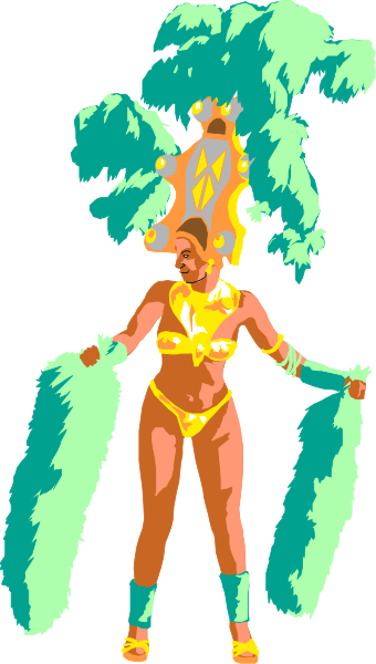 The image shows a woman dressed as an exotic dancer with feathers holding palm leaves; she is standing against a dark background.