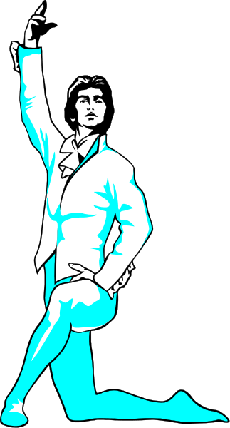 The black and white illustration shows a man performing ballet poses with his arms outstretched to either side of him while standing on one leg in front of what appears to be an audience; he is wearing tights, shoes, and has short hair.