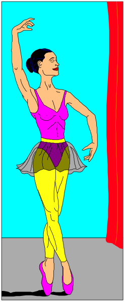 The image shows a cartoon of an animated female figure dressed as a ballerina with her arms outstretched standing in front of a red curtain on stage; she is wearing pink tights and yellow shoes, set against blue background.