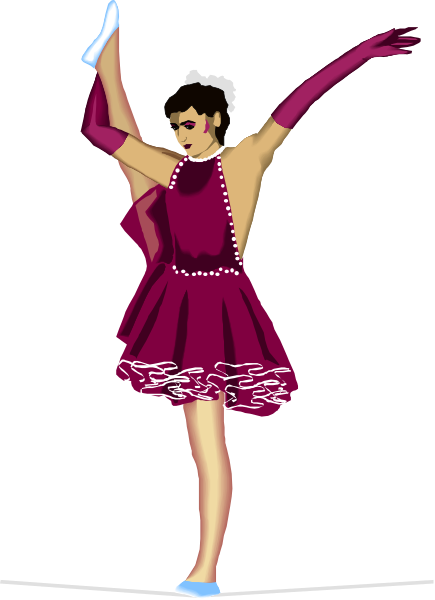 The image shows a pixelated figure of an ice skater performing on thin blades with arms outstretched for balance in mid-motion against a dark background.