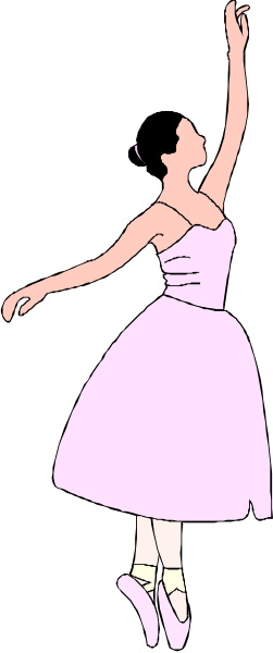The image shows a cartoon of an animated female ballet dancer with her arms raised above her head while standing on pointe in front of what appears to be a black background.
