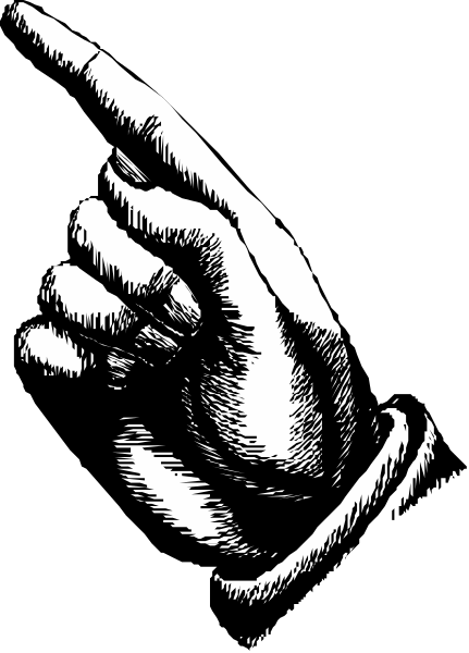 The black and white illustration shows a hand pointing upwards with an index finger extended towards something above it.