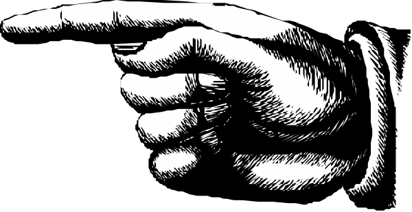 The black and white illustration shows a hand pointing to something with an index finger extended upwards from what appears to be a glove on its palm.