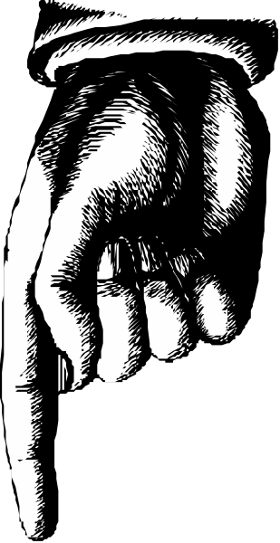 The black and white illustration shows a hand with an index finger pointing upwards against a dark background.