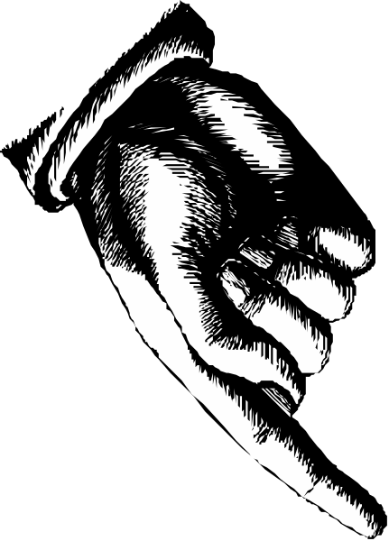 The black and white illustration shows a hand holding another person's hands together with both parties facing each other from opposite directions; it appears to be an artistic representation of two individuals in conversation or agreement.