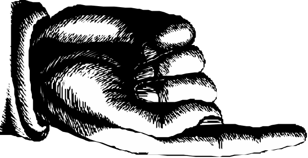 The black and white illustration shows a hand holding an object that resembles a knife with its blade pointing upwards in front of it; there is no text present within this image.