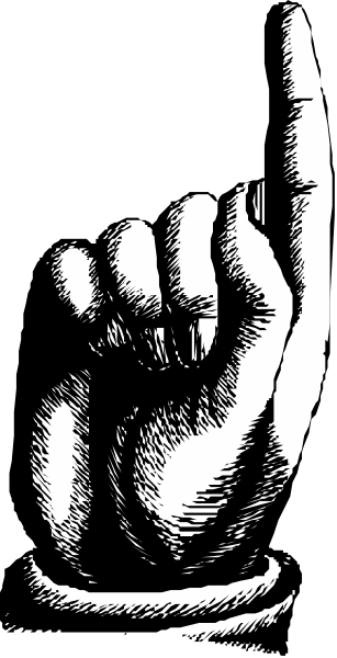 The black and white illustration shows a hand with an index finger pointing upwards against a dark background.