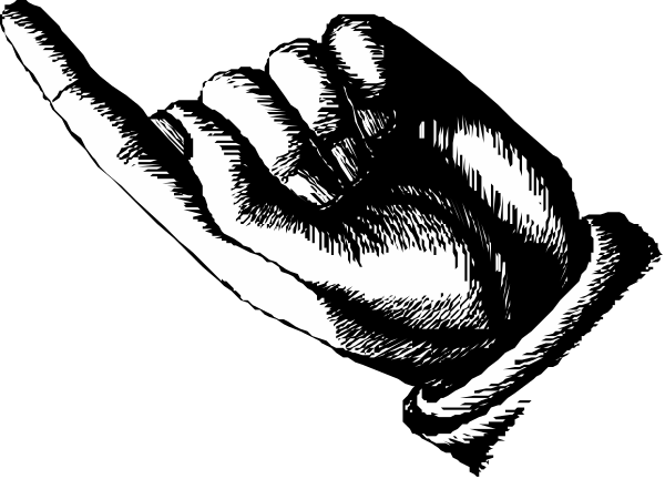 The black and white illustration shows a hand with an index finger pointing upwards towards something unseen above it.